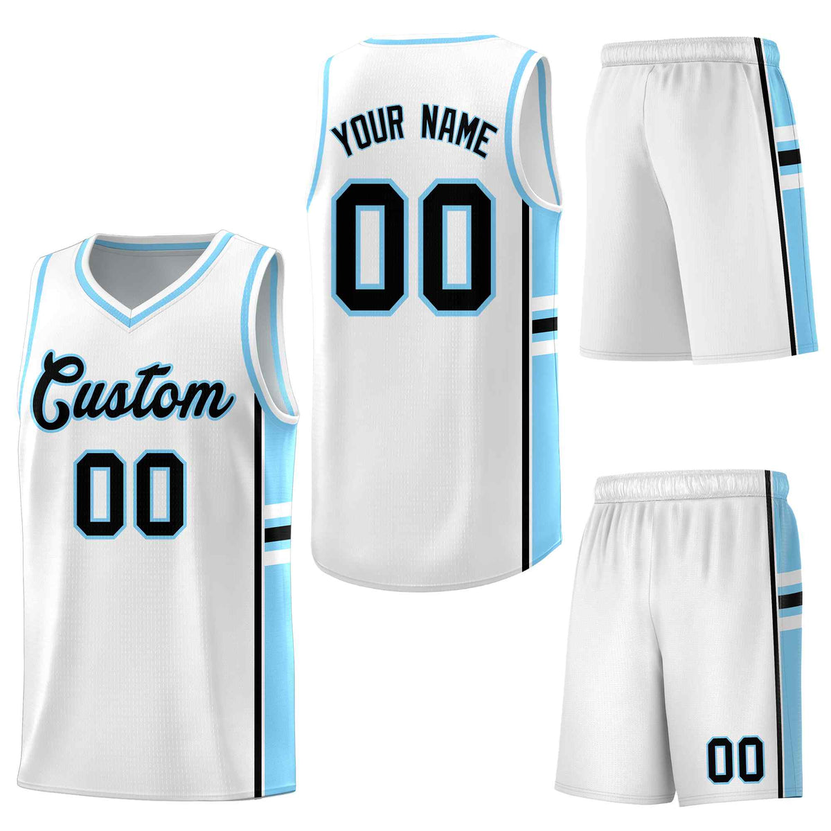Custom White Light Blue Classic Color Block Breathable Varsity Uniform Basketball Jersey