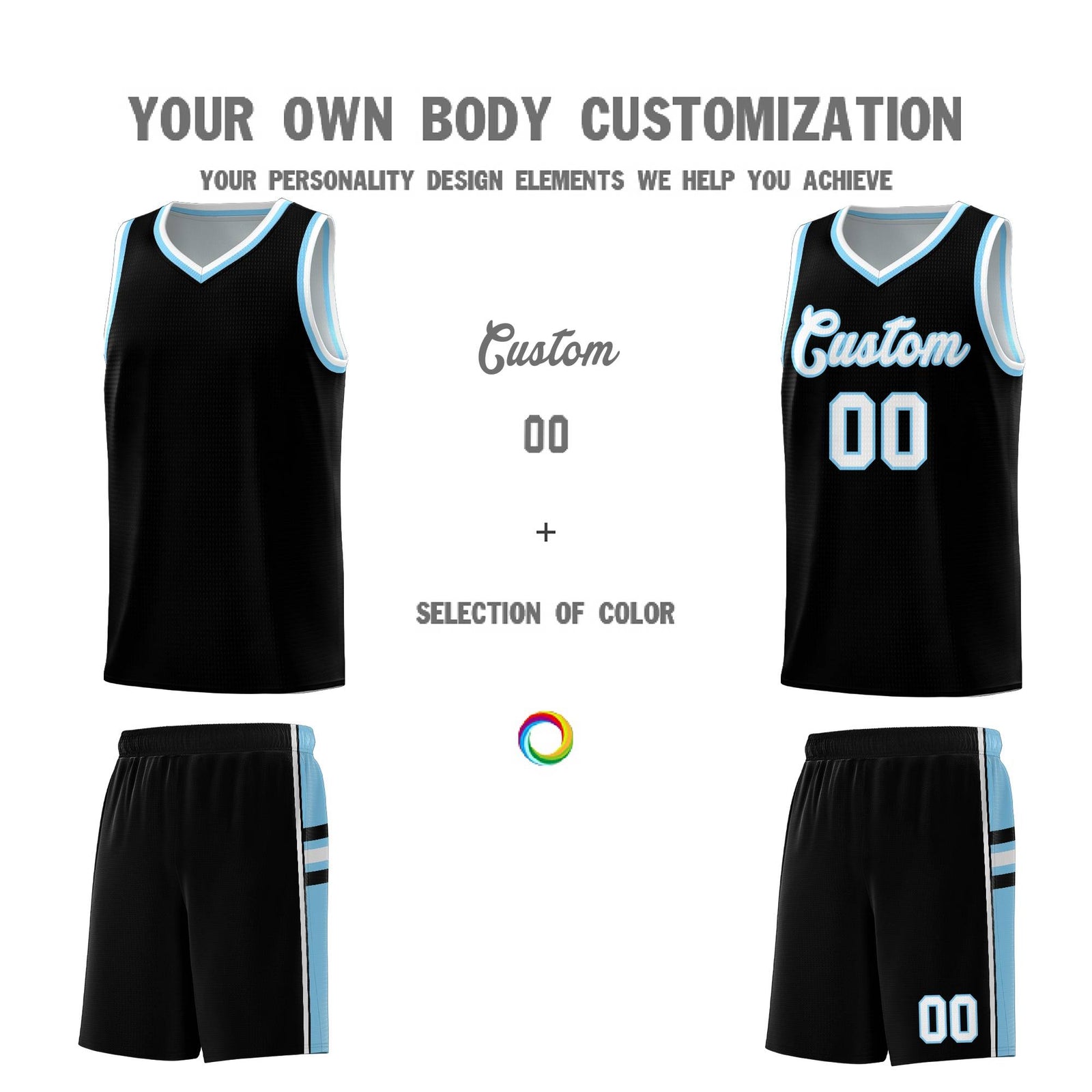 Custom Youth Basketball Jersey - Black Light Blue Two-Tone Classic Varsity Uniform