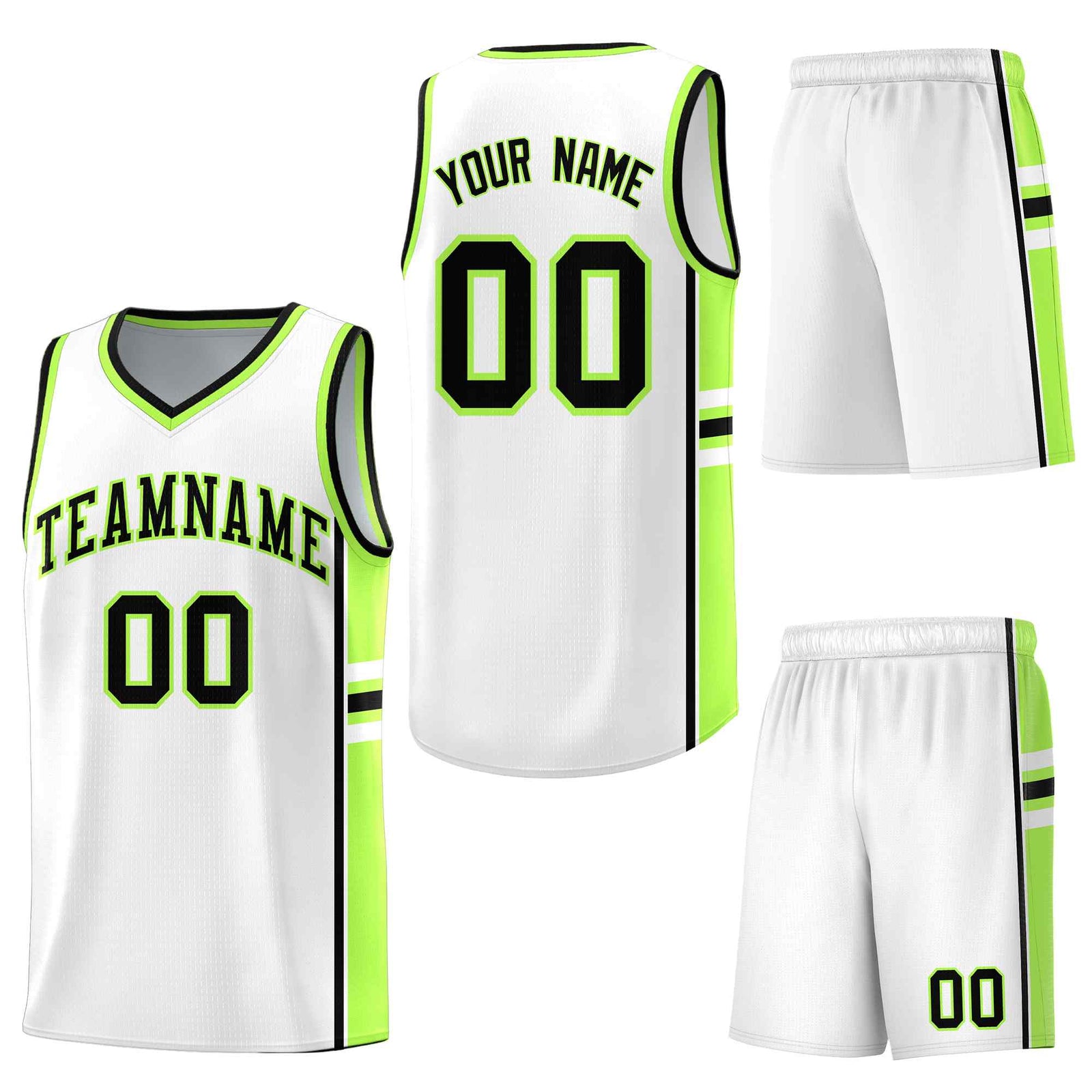 Custom White Fluorescent Green Classic Color Block Breathable Varsity Uniform Basketball Jersey
