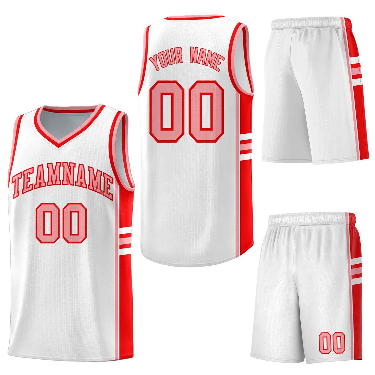 Custom White Light Red Classic Color Block Drapable Varsity Uniform Basketball Jersey