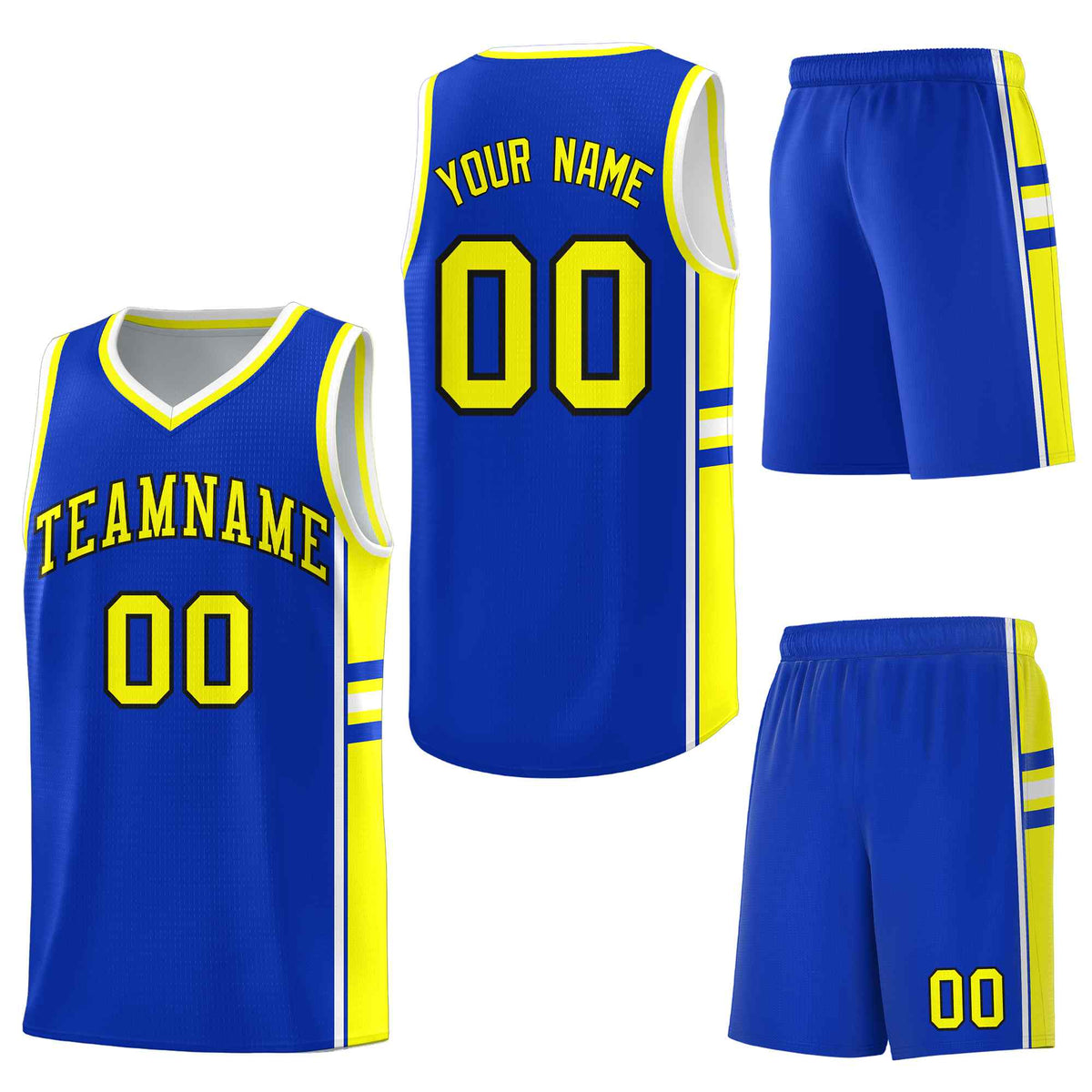 Custom Royal Fluorescent Yellow Classic Color Block Lightweight Varsity Uniform Basketball Jersey