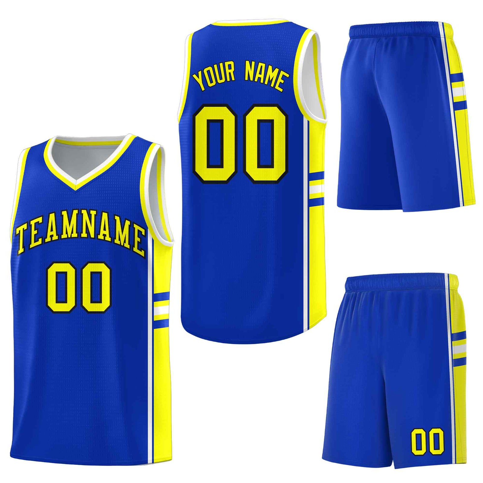 Custom Royal Fluorescent Yellow Classic Color Block Lightweight Varsity Uniform Basketball Jersey