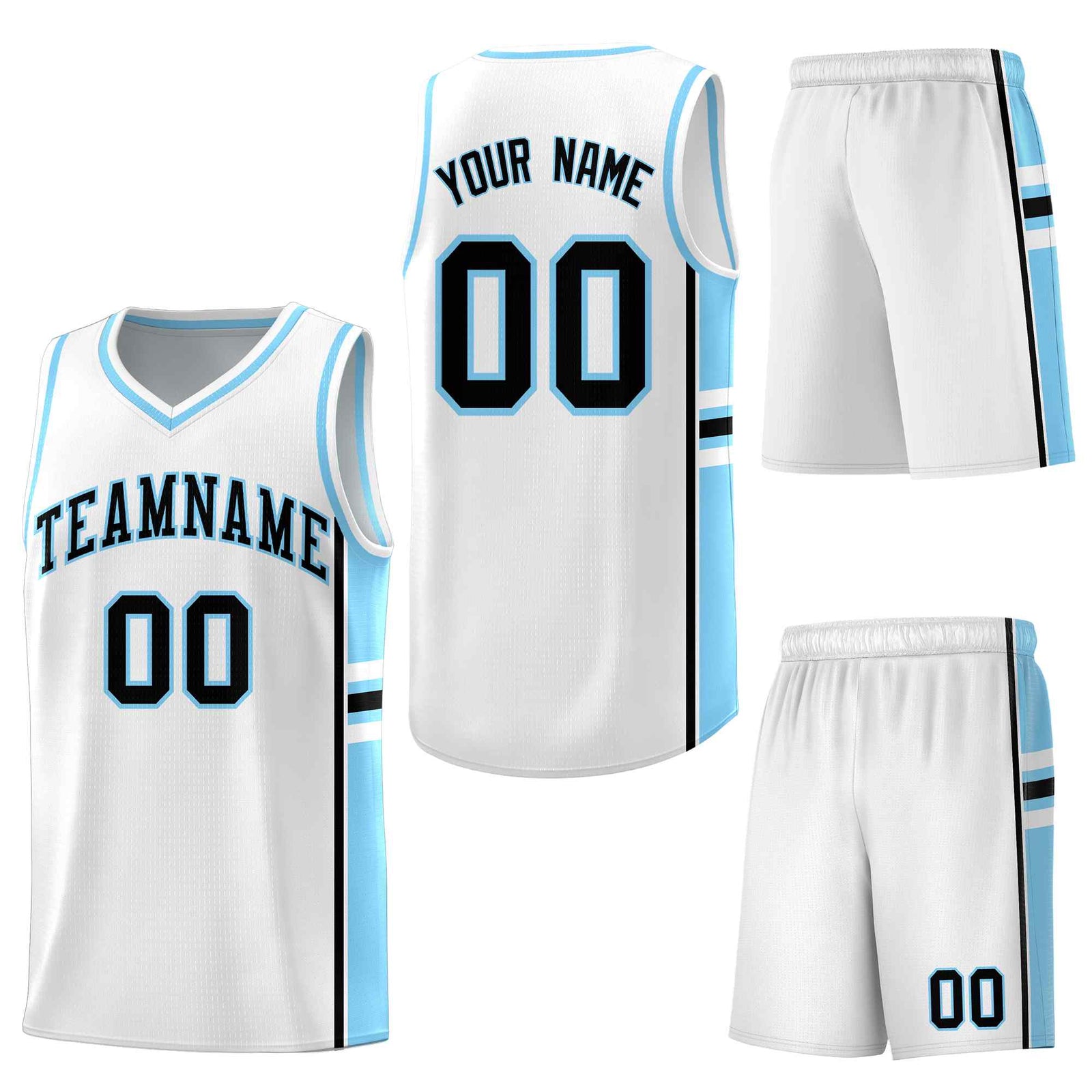 Custom White Light Blue Classic Color Block Breathable Varsity Uniform Basketball Jersey
