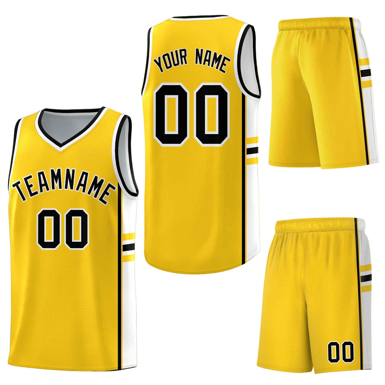 Custom Gold White Classic Color Block Drapable Varsity Uniform Basketball Jersey