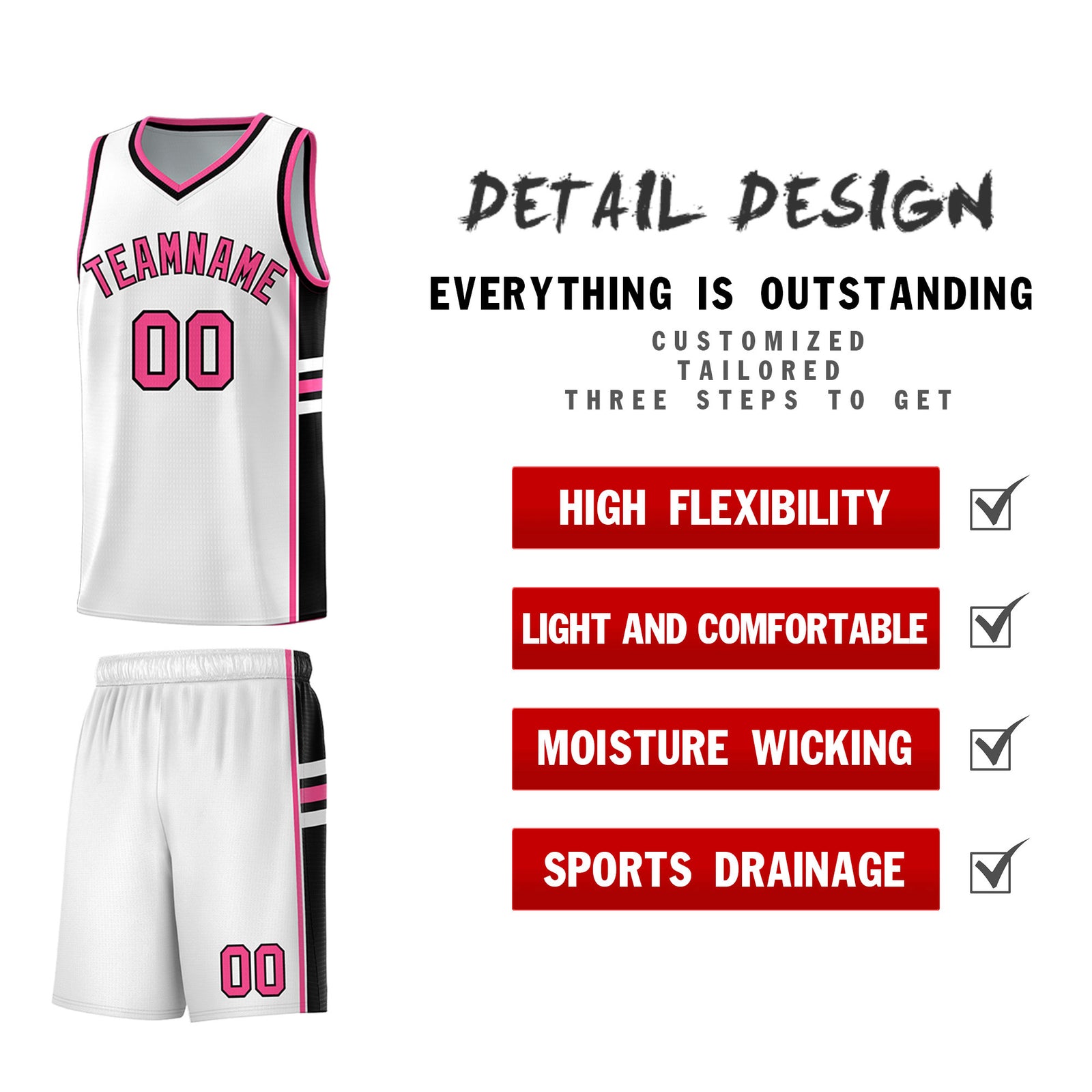 Custom Youth Basketball Jersey - White Pink Personalized Varsity Two-Tone Uniform