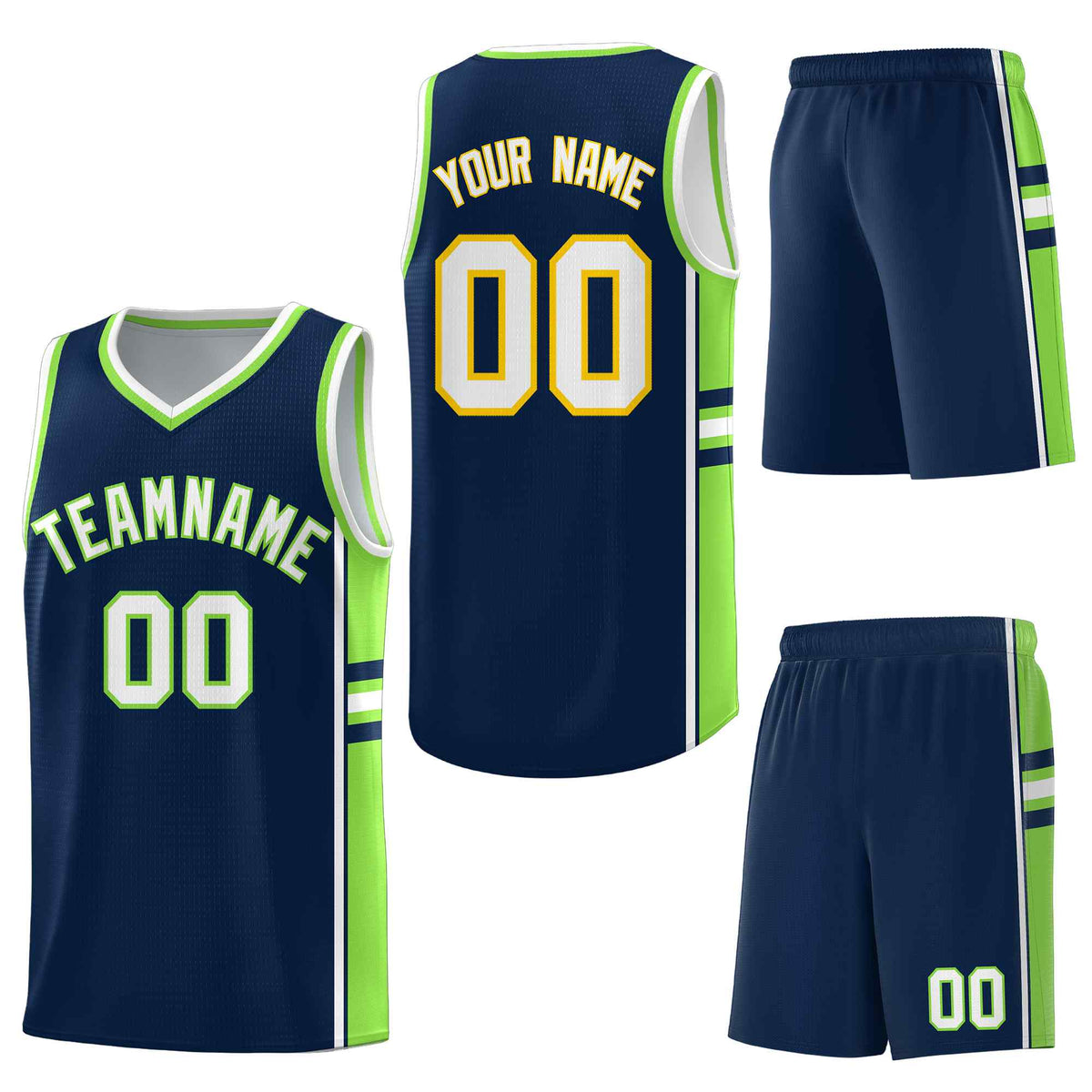 Custom Navy Fluorescent Green Classic Color Block Drapable Varsity Uniform Basketball Jersey