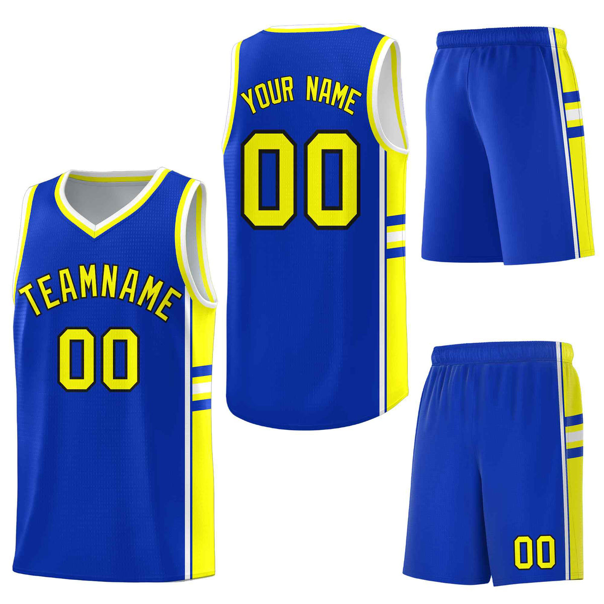 Custom Royal Fluorescent Yellow Classic Color Block Lightweight Varsity Uniform Basketball Jersey