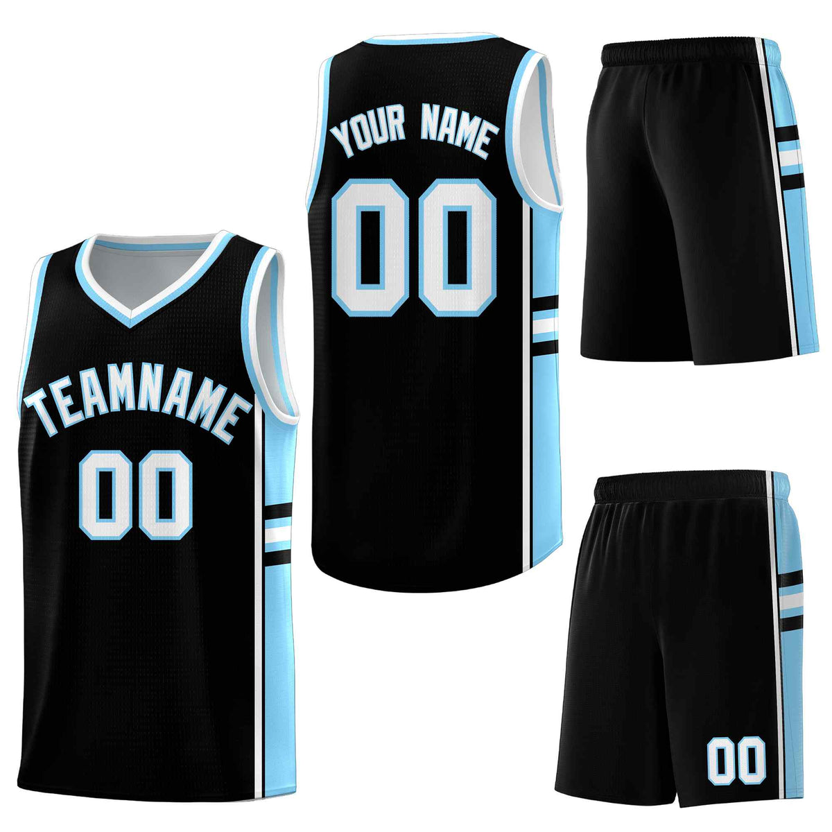 Custom Black Light Blue Classic Color Block Quick-Drying Personalized Uniform Basketball Jersey