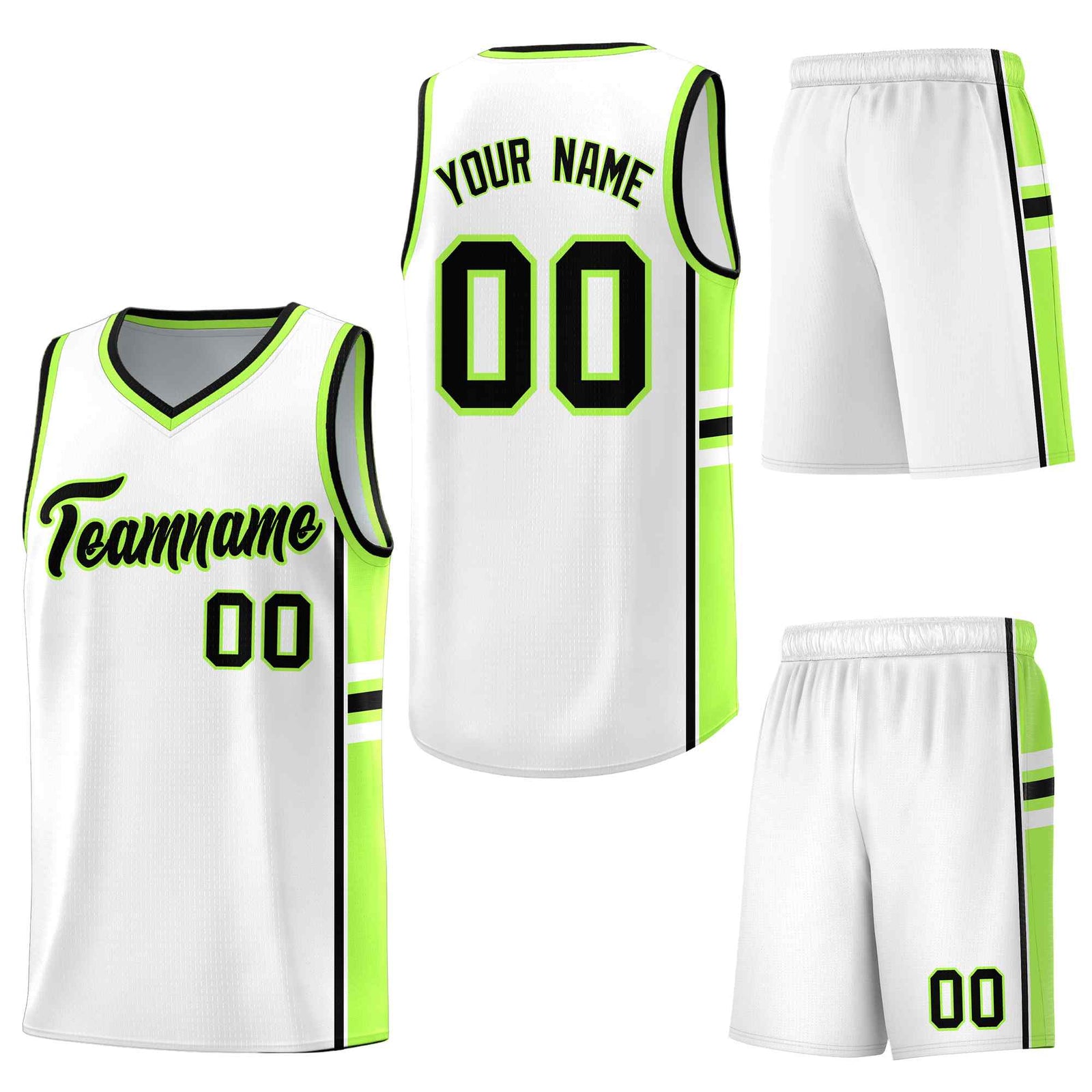 Custom White Fluorescent Green Classic Color Block Breathable Varsity Uniform Basketball Jersey