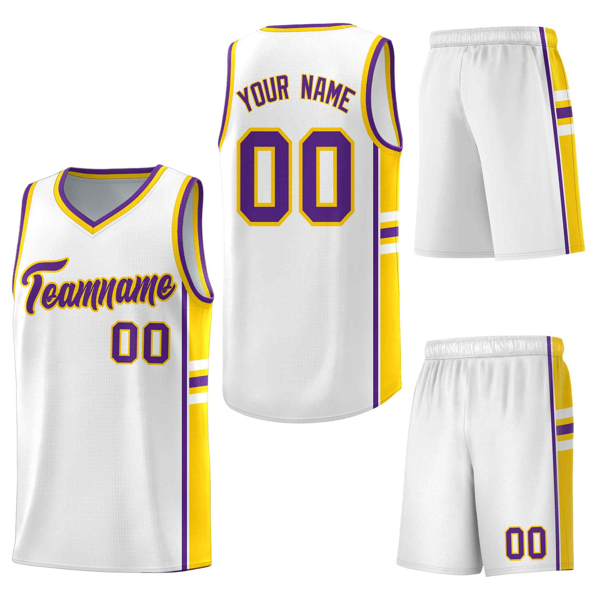 Custom White Gold Classic Color Block Drapable Varsity Uniform Basketball Jersey