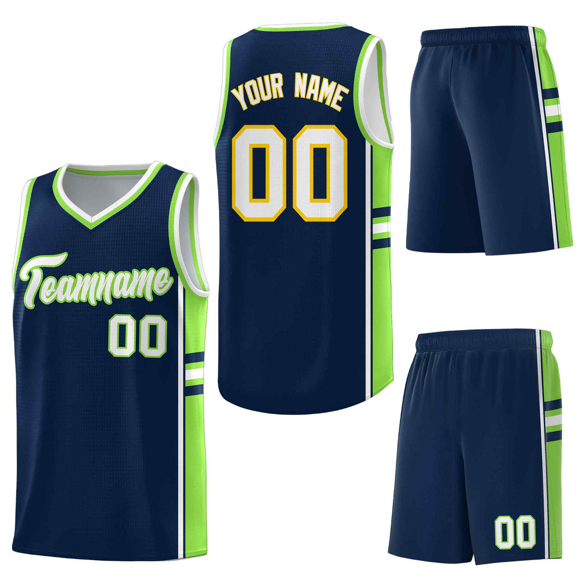 Custom Navy Fluorescent Green Classic Color Block Drapable Varsity Uniform Basketball Jersey