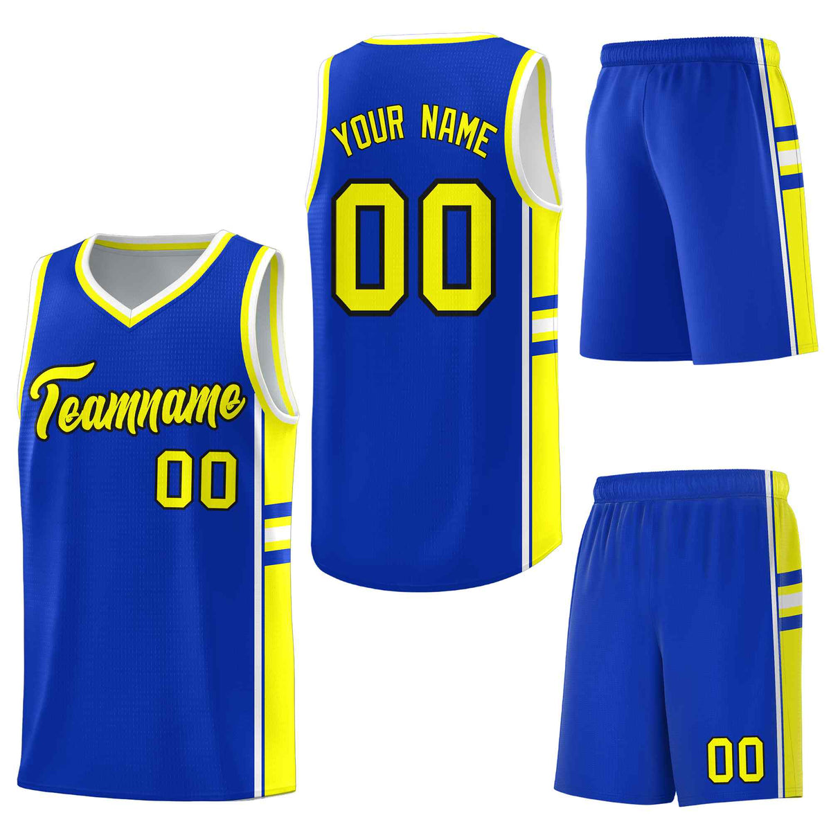 Custom Royal Fluorescent Yellow Classic Color Block Lightweight Varsity Uniform Basketball Jersey