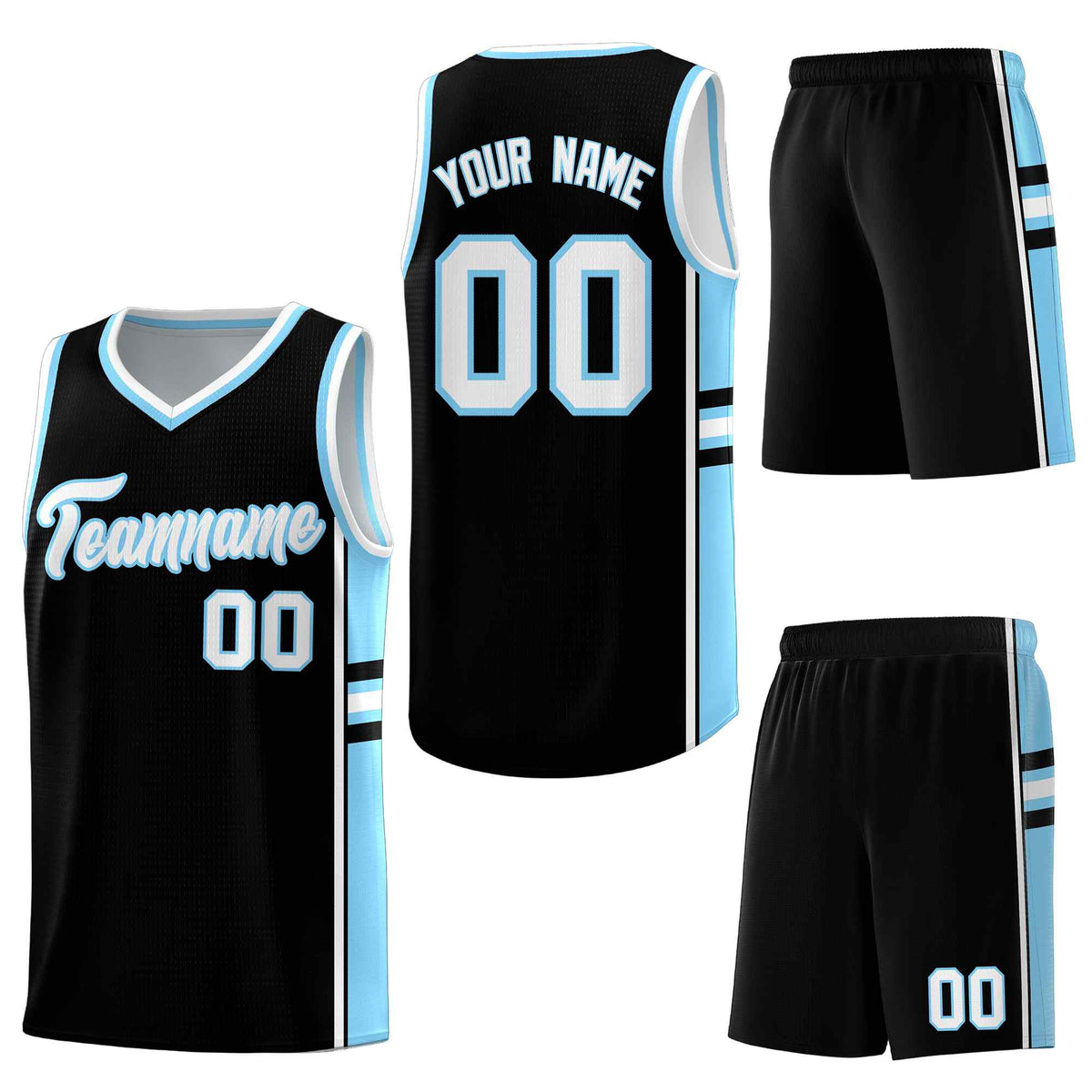 Custom Black Light Blue Classic Color Block Quick-Drying Personalized Uniform Basketball Jersey