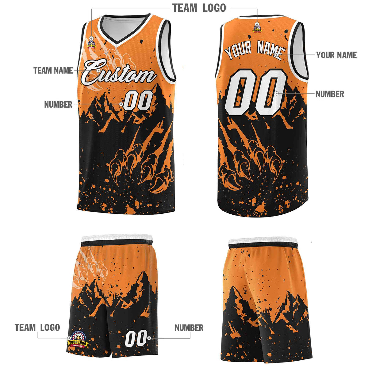 Custom Gold Orange Black Snow Mountain Beast Pattern Sports Uniform Basketball Jersey