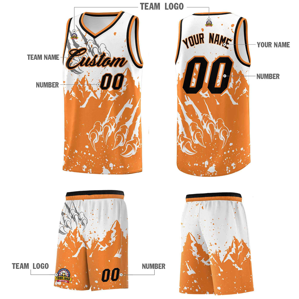 Custom White Gold Orange Snow Mountain Beast Pattern Sports Uniform Basketball Jersey