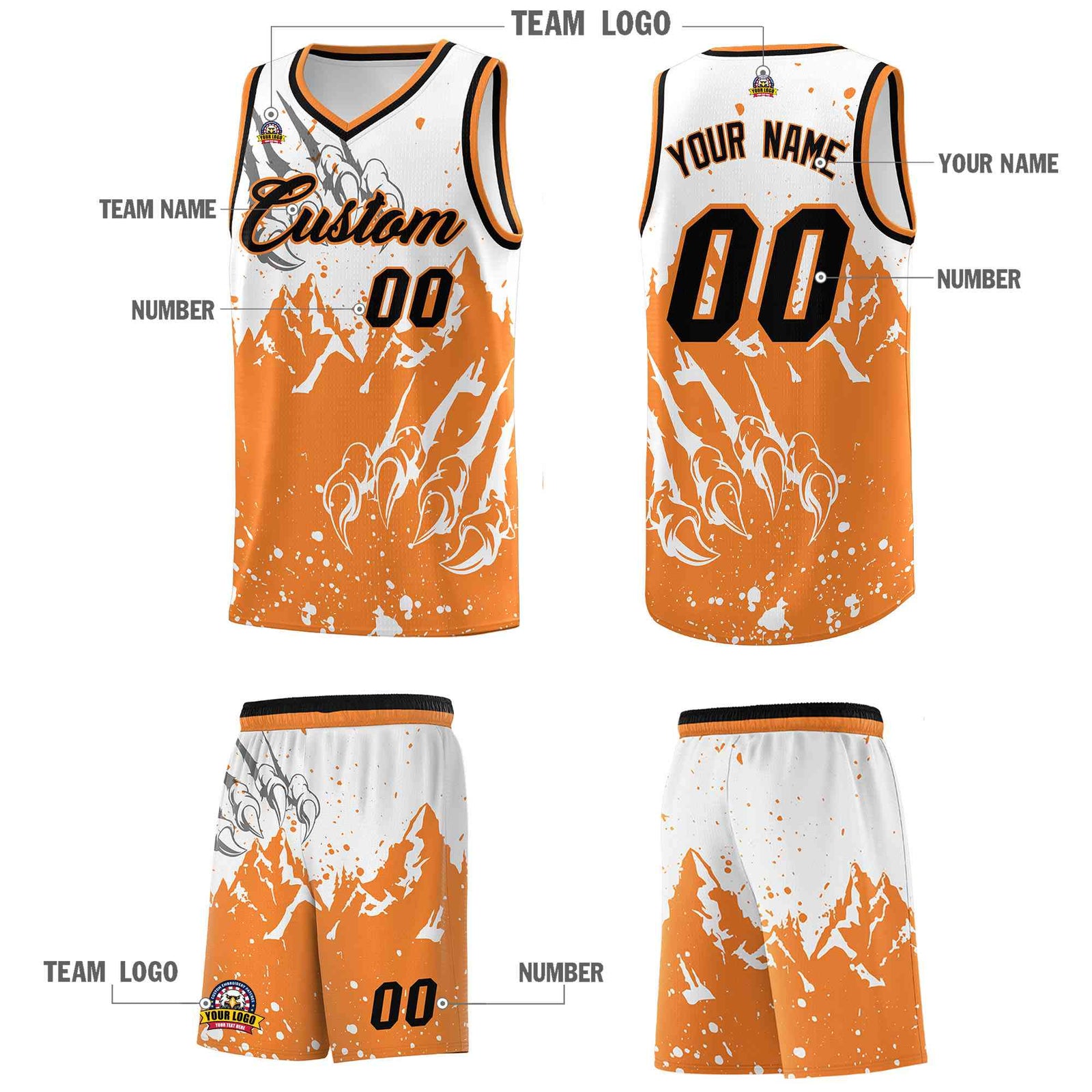 Custom White Gold Orange Snow Mountain Beast Pattern Sports Uniform Basketball Jersey