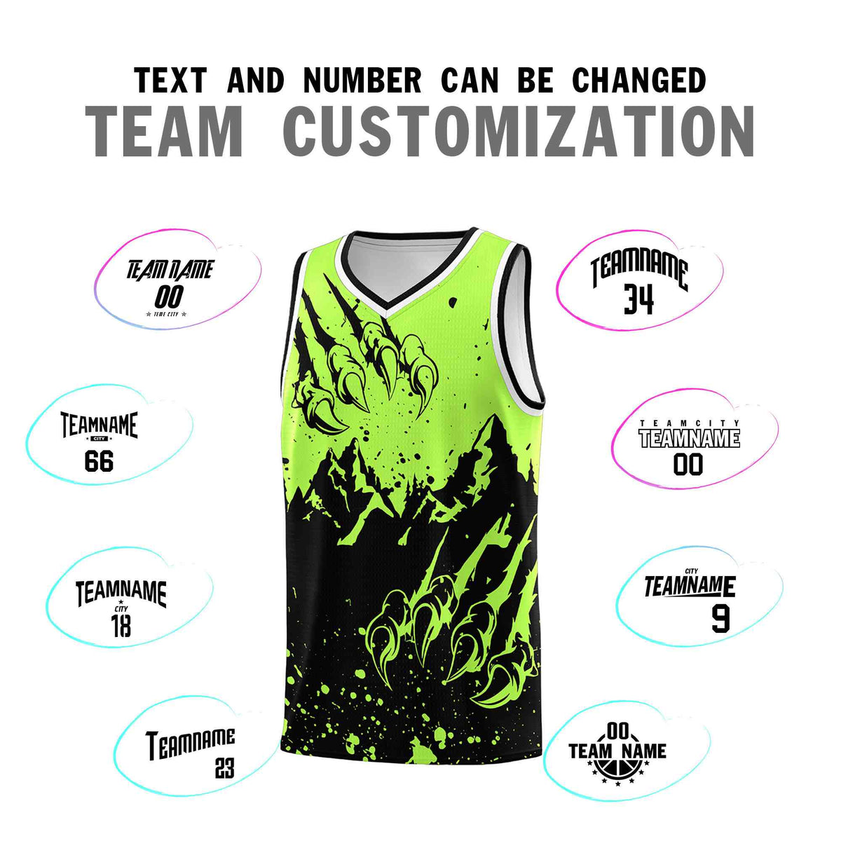 Custom Fluorescent Green Black Snow Mountain Beast Pattern Sports Uniform Basketball Jersey