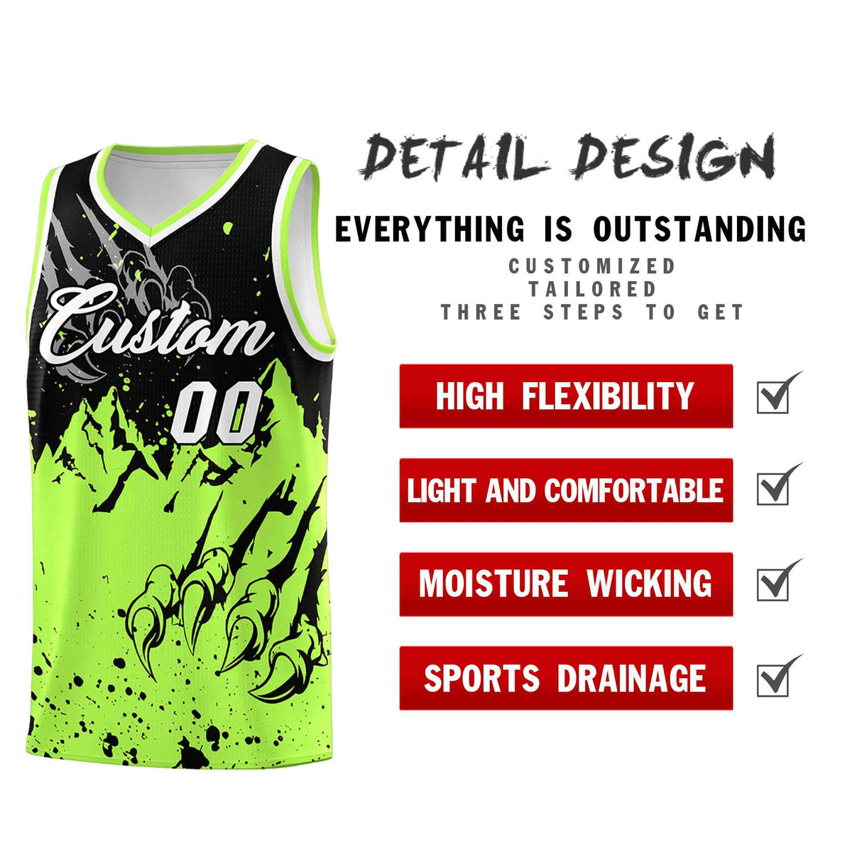 Custom Black Fluorescent Green Snow Mountain Beast Pattern Sports Uniform Basketball Jersey