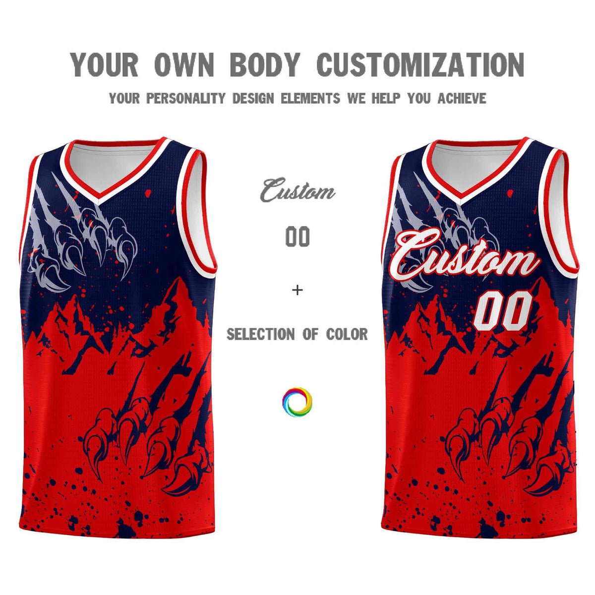 Custom Navy Red Snow Mountain Beast Pattern Sports Uniform Basketball Jersey