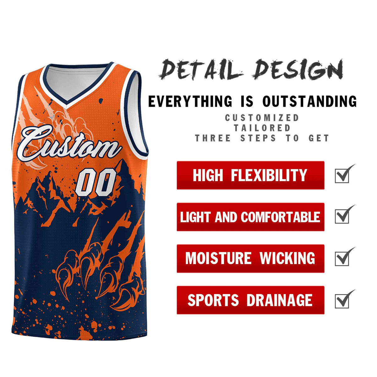 Custom Orange Navy Snow Mountain Beast Pattern Sports Uniform Basketball Jersey