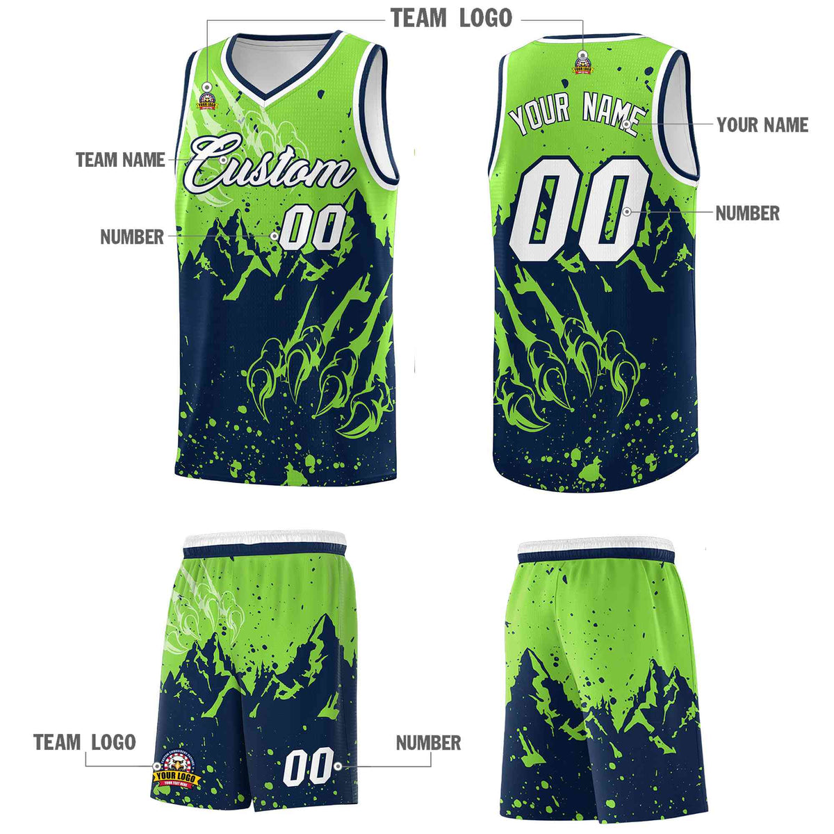 Custom Fluorescent Green Navy Snow Mountain Beast Pattern Sports Uniform Basketball Jersey