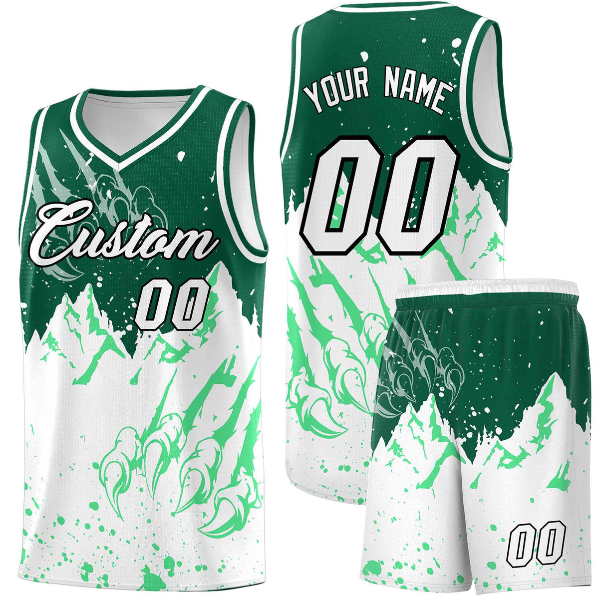 Custom Kelly Green White Snow Mountain Beast Pattern Sports Uniform Basketball Jersey