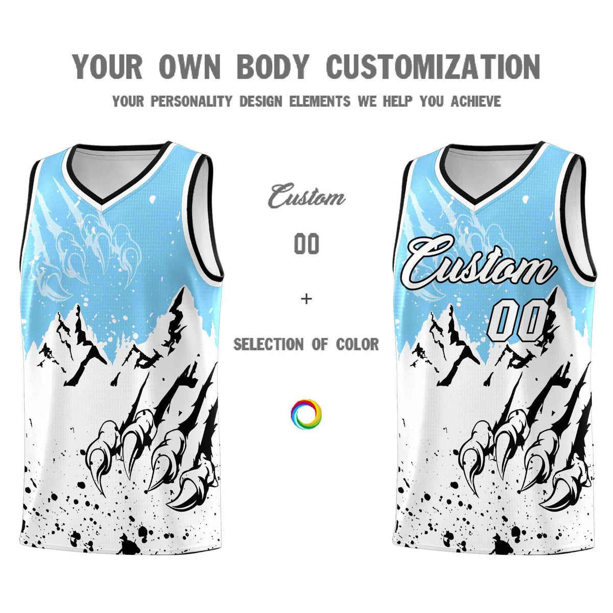 Custom Light Blue White Snow Mountain Beast Pattern Sports Uniform Basketball Jersey