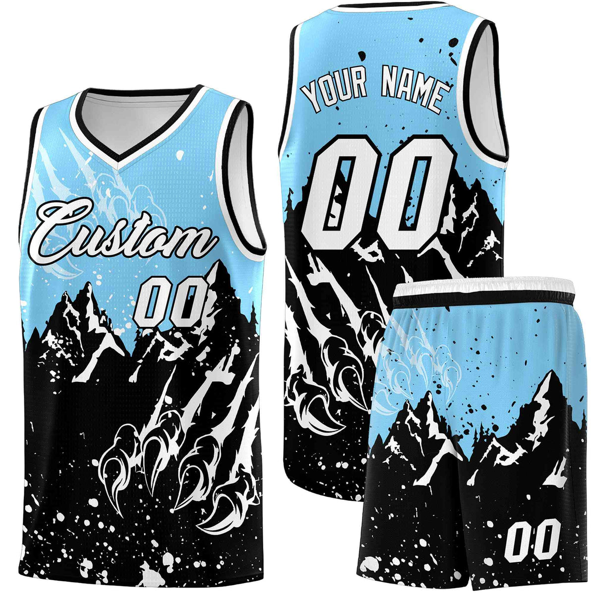Custom Light Blue Black Snow Mountain Beast Pattern Sports Uniform Basketball Jersey