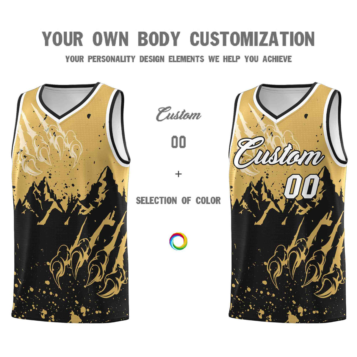 Custom Old Gold Black Snow Mountain Beast Pattern Sports Uniform Basketball Jersey