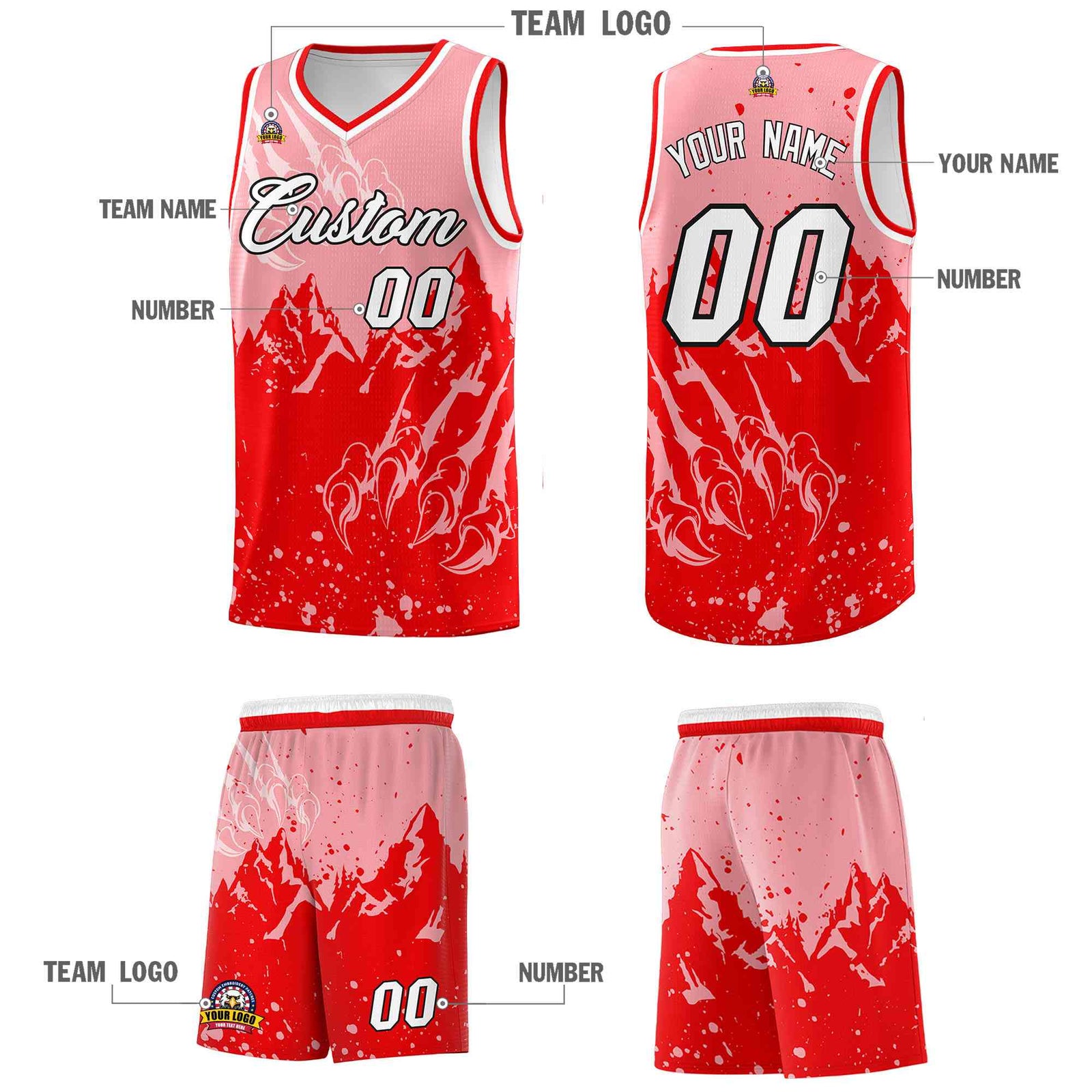 Custom Light Pink Light Red Snow Mountain Beast Pattern Sports Uniform Basketball Jersey