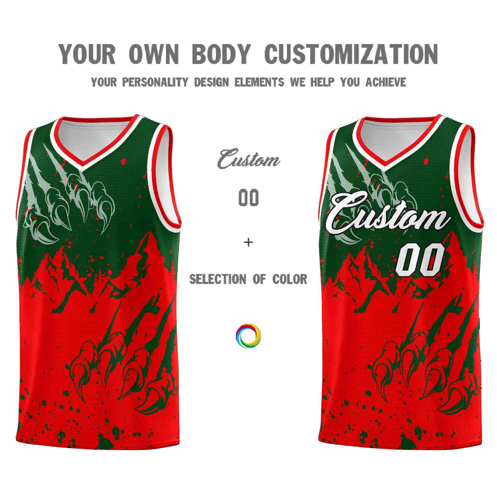 Custom Green Light Red Snow Mountain Beast Pattern Sports Uniform Basketball Jersey