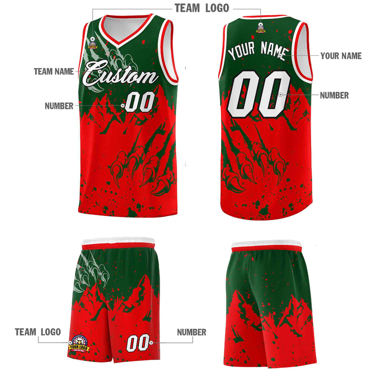 Custom Green Light Red Snow Mountain Beast Pattern Sports Uniform Basketball Jersey