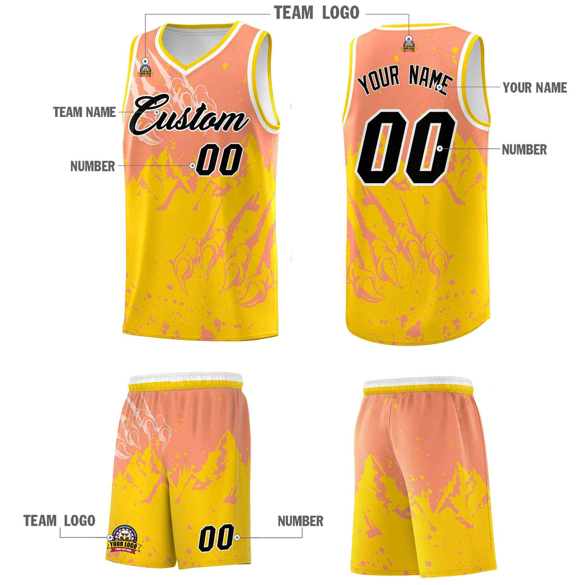 Custom Light Orange Gold Snow Mountain Beast Pattern Sports Uniform Basketball Jersey