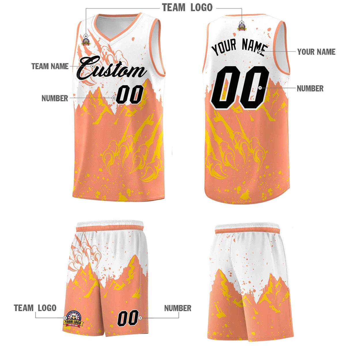 Custom White Light Orange Snow Mountain Beast Pattern Sports Uniform Basketball Jersey