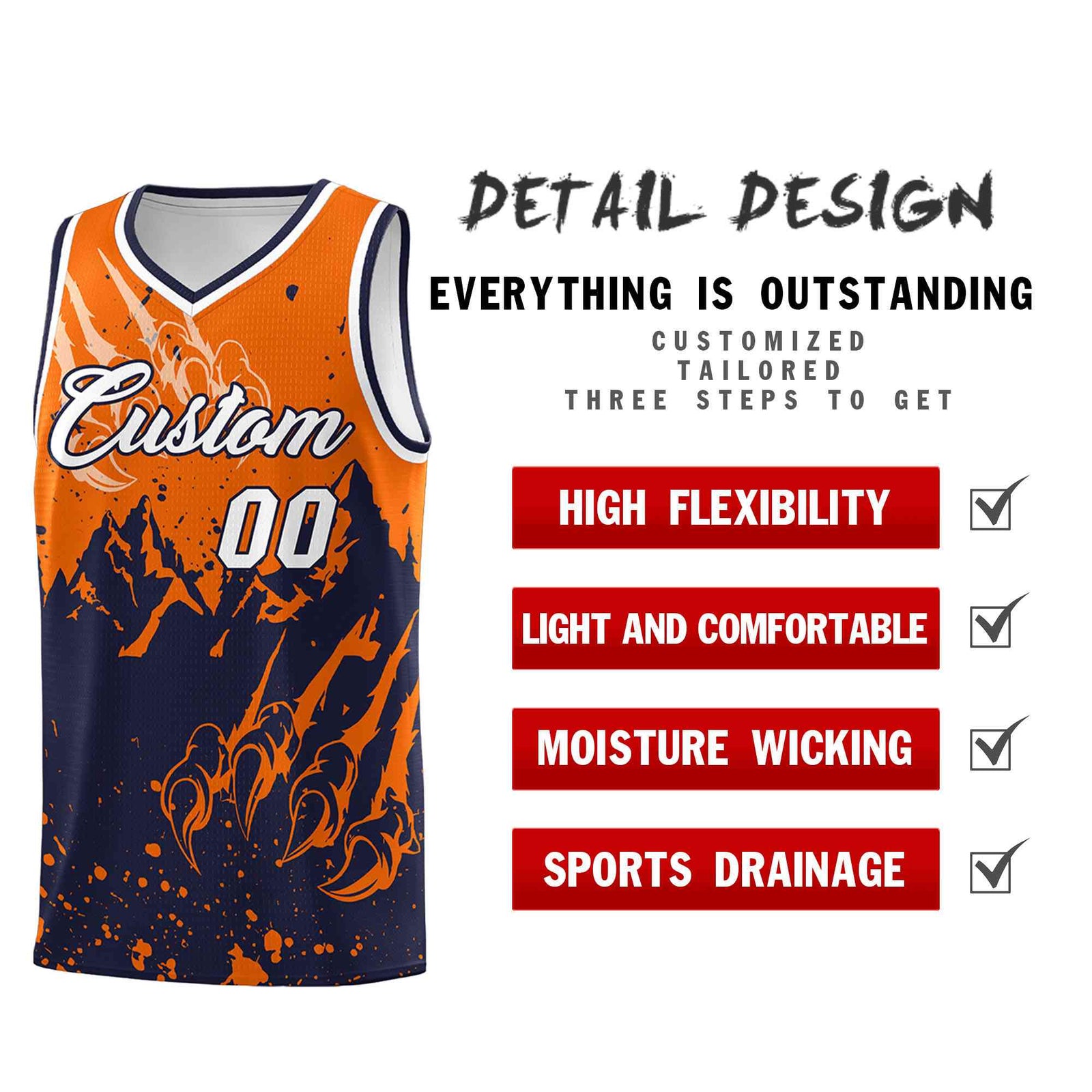Custom Orange Navy Snow Mountain Beast Pattern Sports Uniform Basketball Jersey