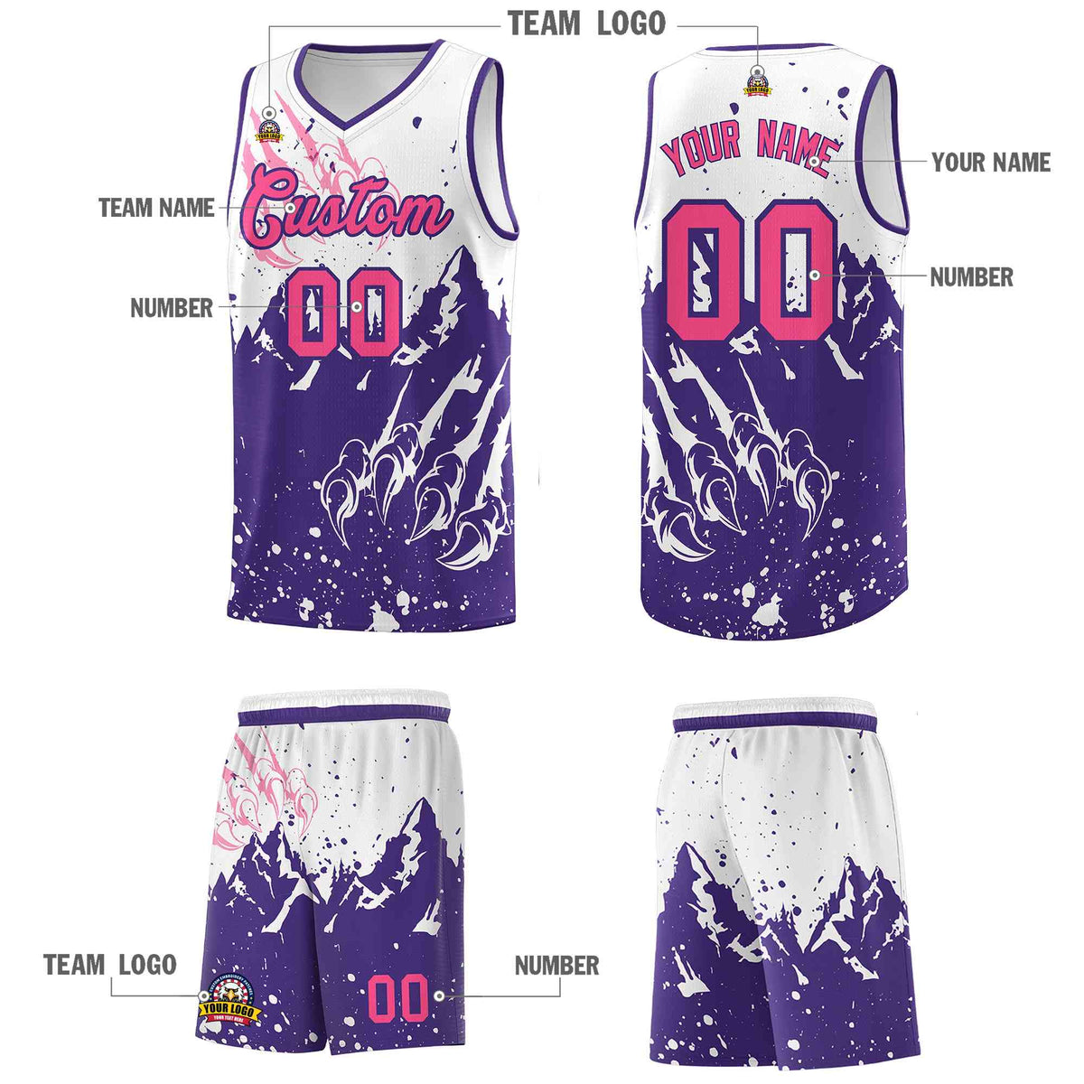 Custom White Purple Snow Mountain Beast Pattern Sports Uniform Basketball Jersey| KXKSHOP