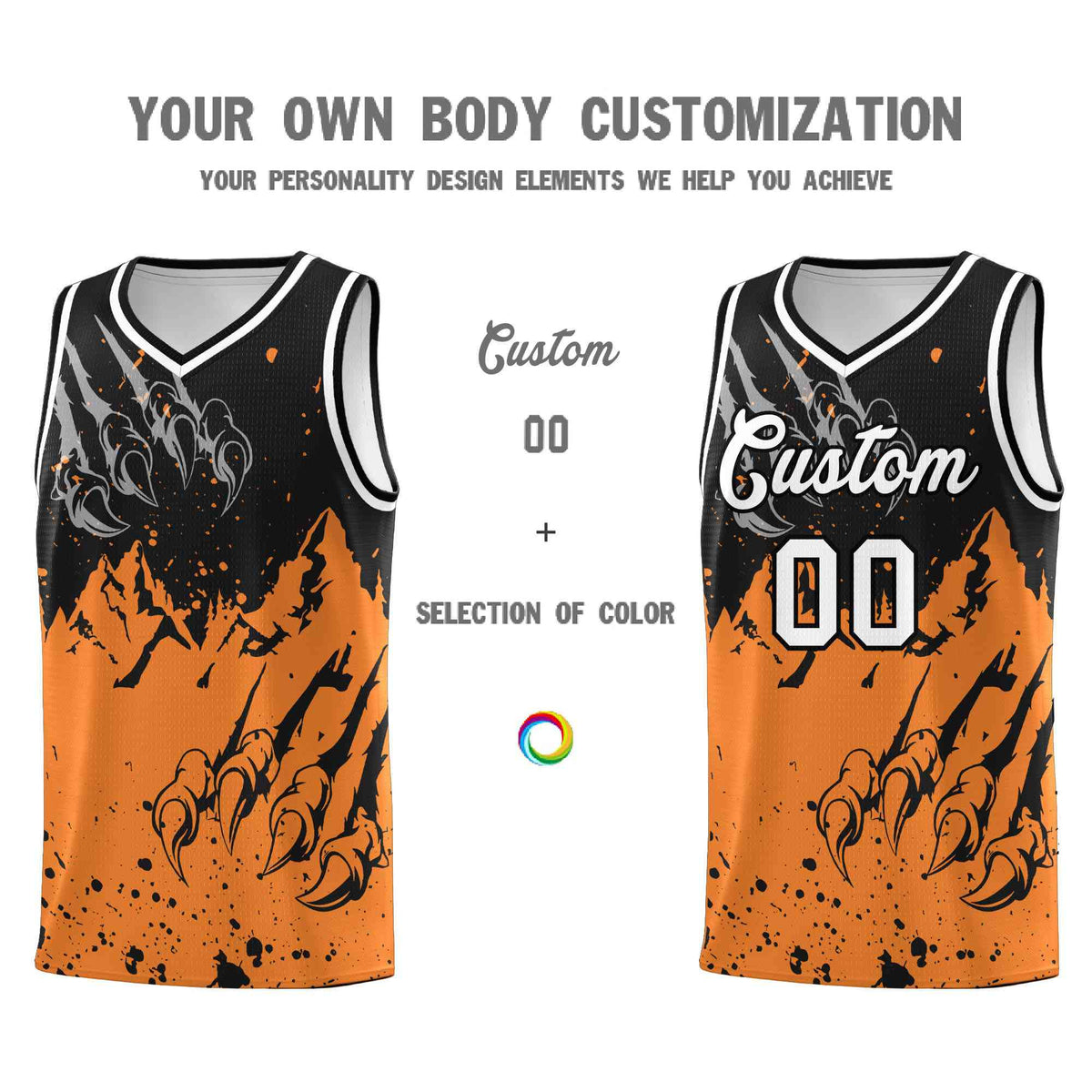 Custom Black Gold Orange Snow Mountain Beast Pattern Sports Uniform Basketball Jersey| KXKSHOP