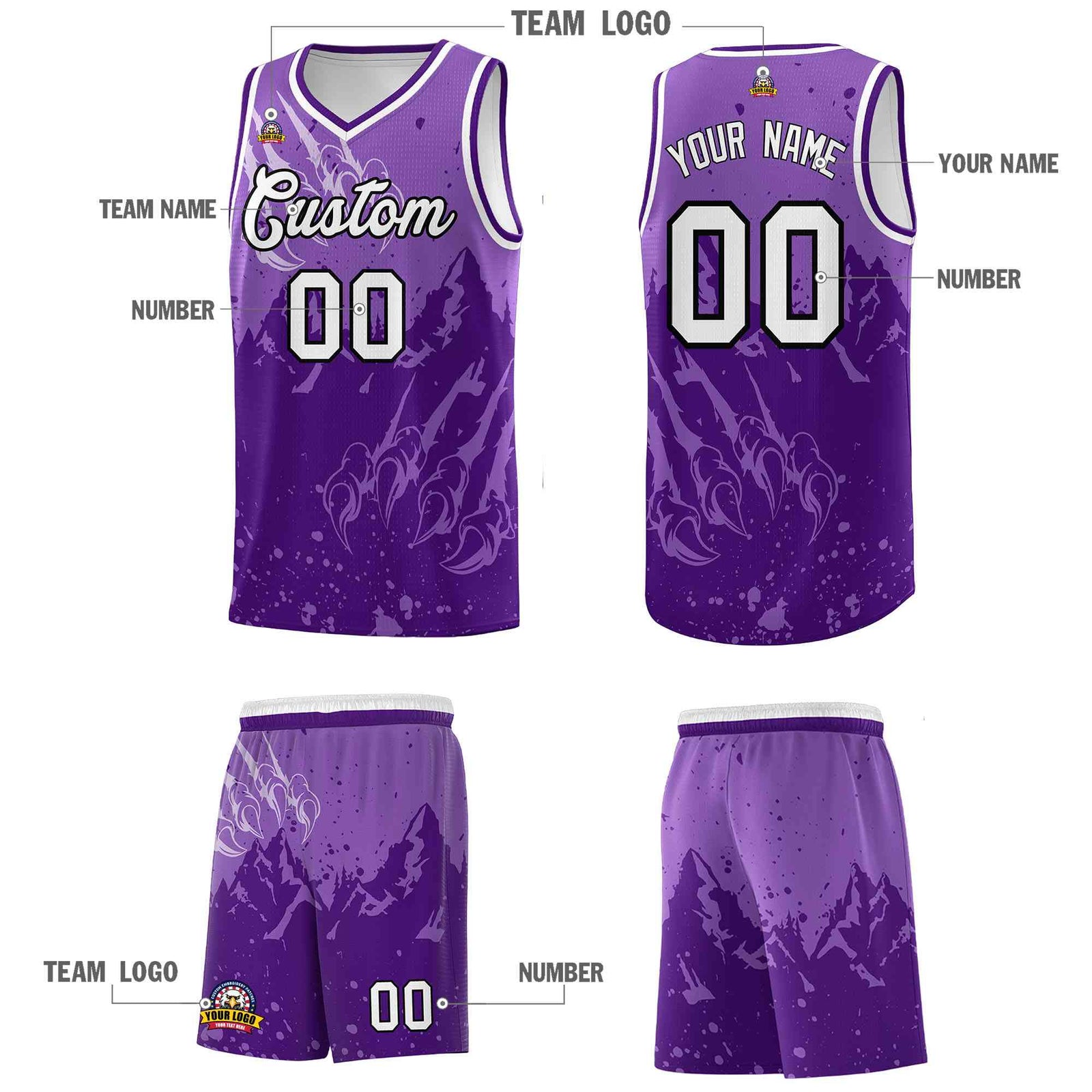Custom Light Purple Purple Snow Mountain Beast Pattern Sports Uniform Basketball Jersey