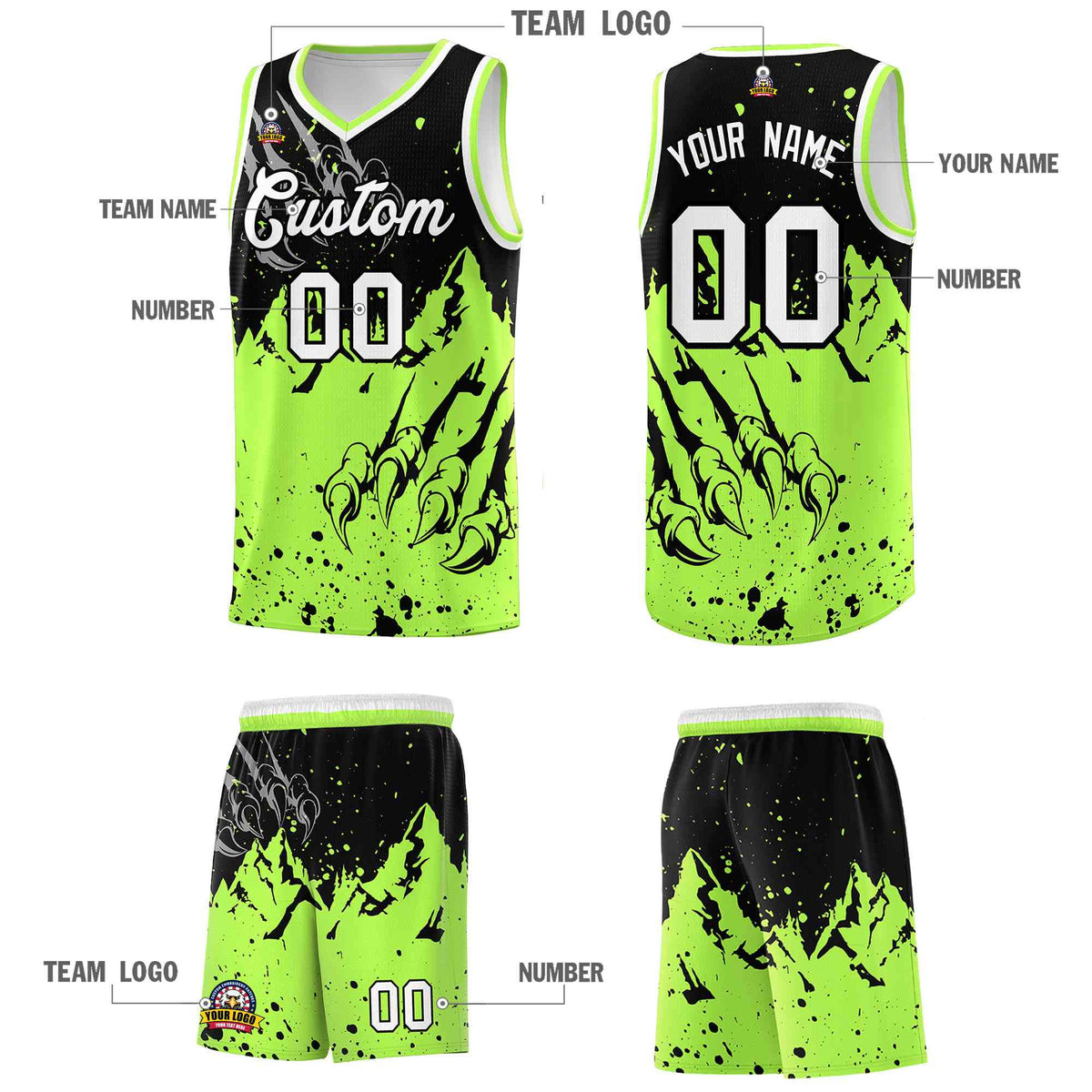 Custom Black Fluorescent Green Snow Mountain Beast Pattern Sports Uniform Basketball Jersey
