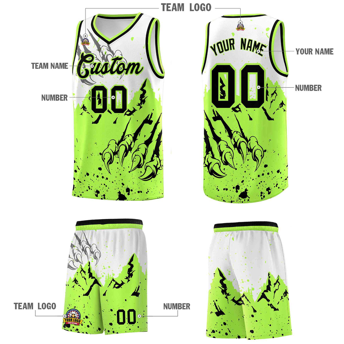 Custom White Fluorescent Green Snow Mountain Beast Pattern Sports Uniform Basketball Jersey