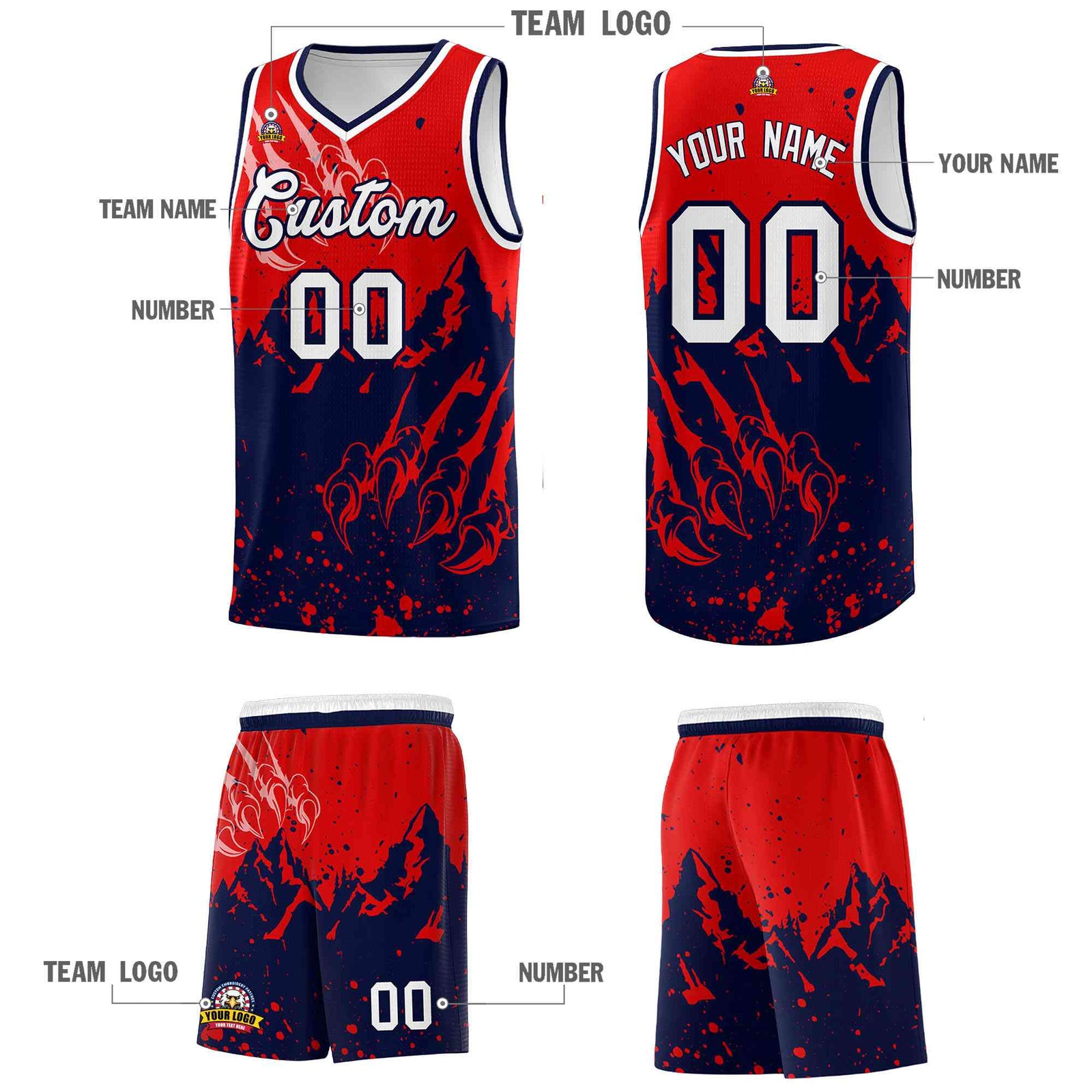 Custom Red Navy Snow Mountain Beast Pattern Sports Uniform Basketball Jersey| KXKSHOP