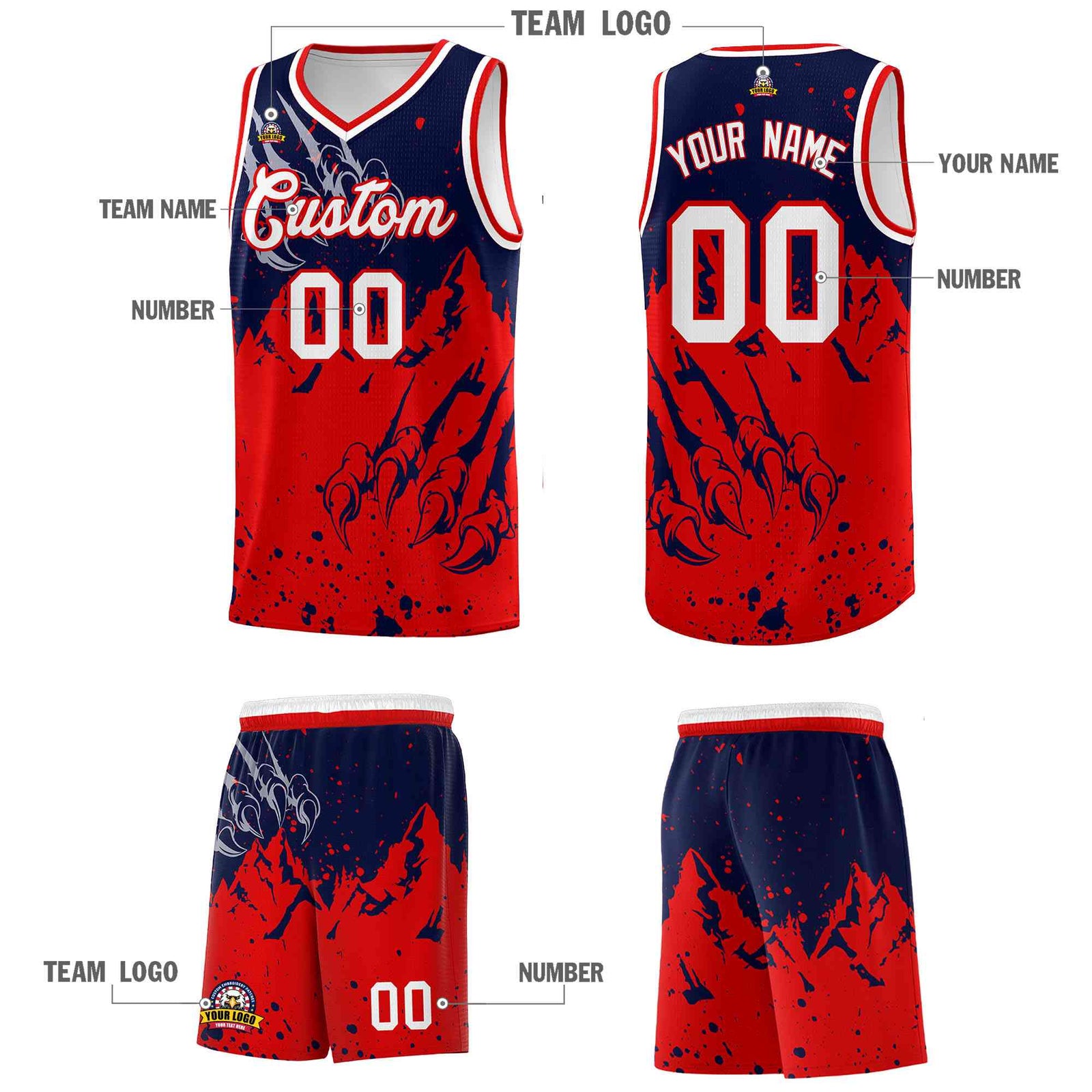 Custom Navy Red Snow Mountain Beast Pattern Sports Uniform Basketball Jersey