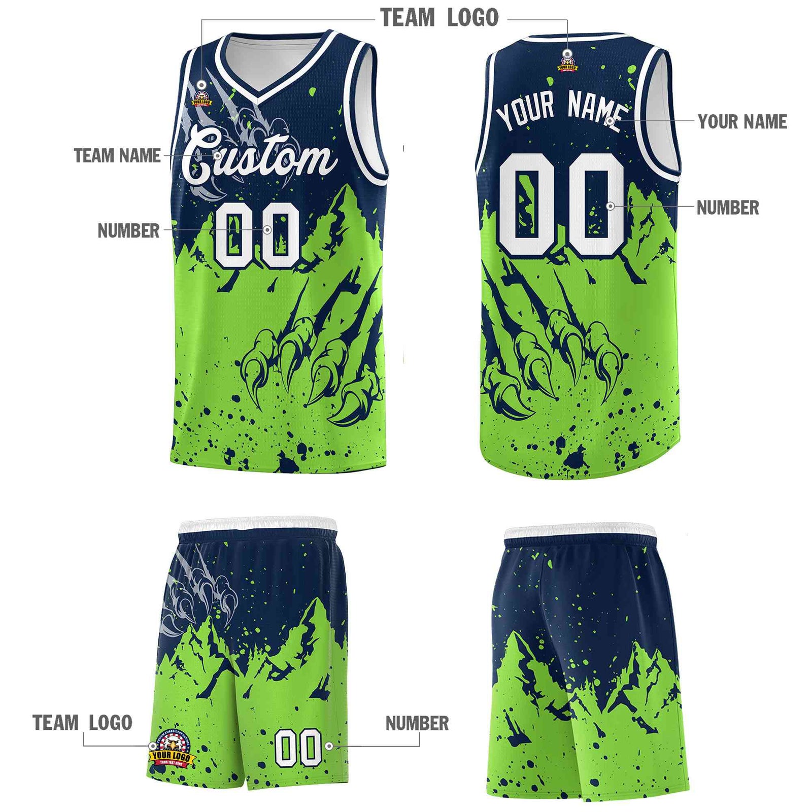 Custom Navy Fluorescent Green Snow Mountain Beast Pattern Sports Uniform Basketball Jersey| KXKSHOP