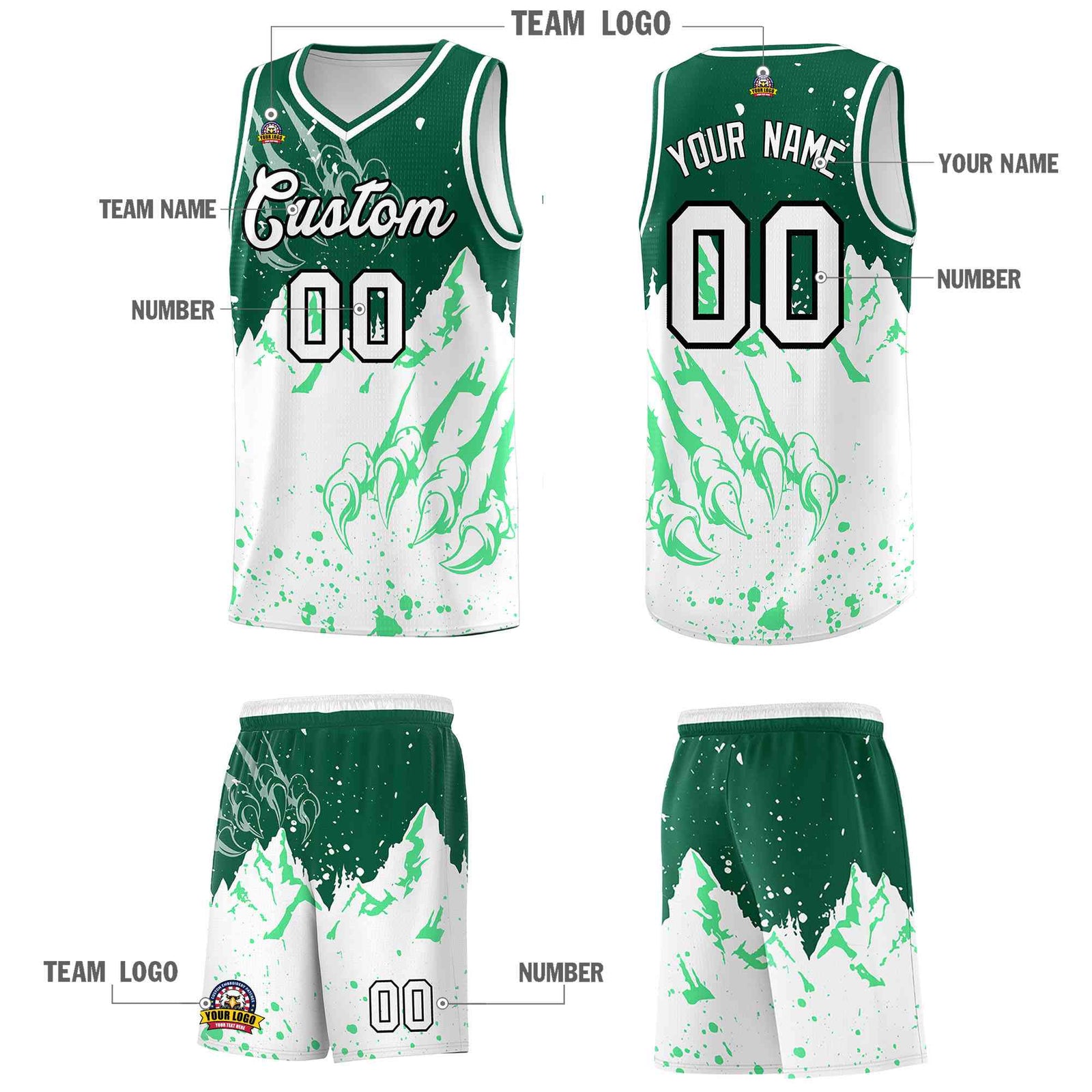 Custom Kelly Green White Snow Mountain Beast Pattern Sports Uniform Basketball Jersey| KXKSHOP