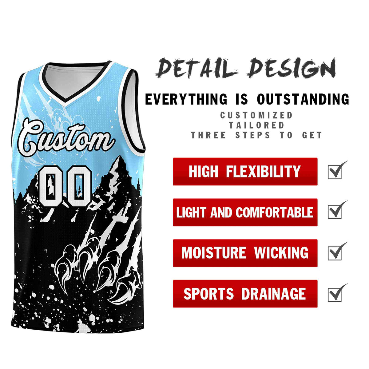 Custom Light Blue Black Snow Mountain Beast Pattern Sports Uniform Basketball Jersey| KXKSHOP