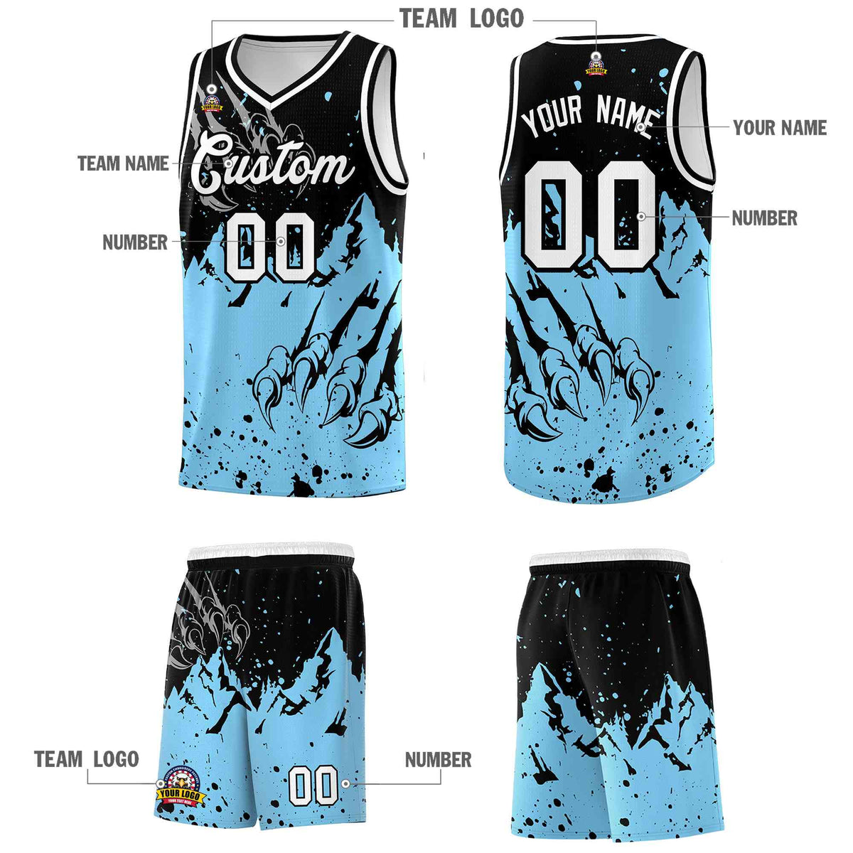 Custom Black Light Blue Snow Mountain Beast Pattern Sports Uniform Basketball Jersey| KXKSHOP
