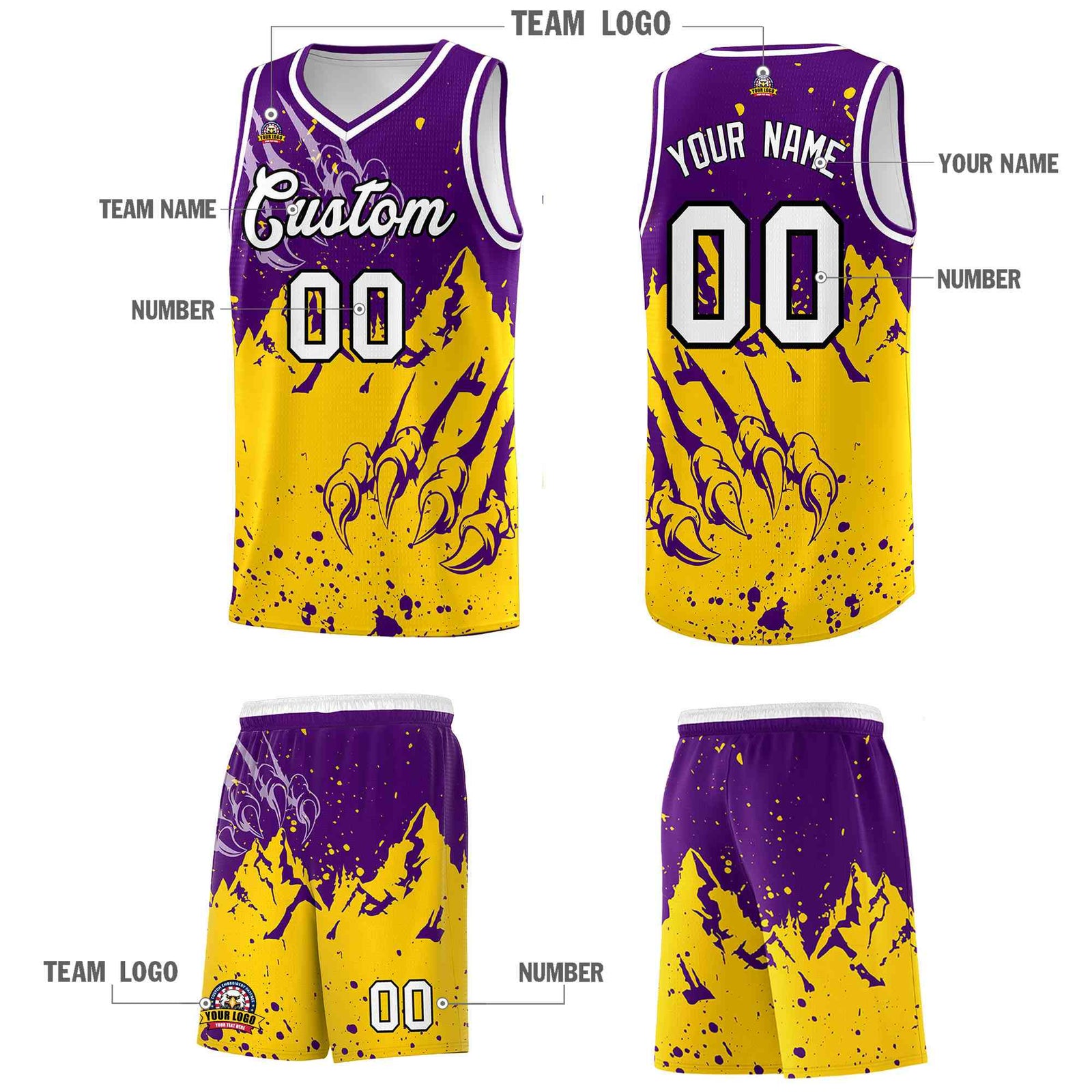 Custom Purple Gold Snow Mountain Beast Pattern Sports Uniform Basketball Jersey| KXKSHOP