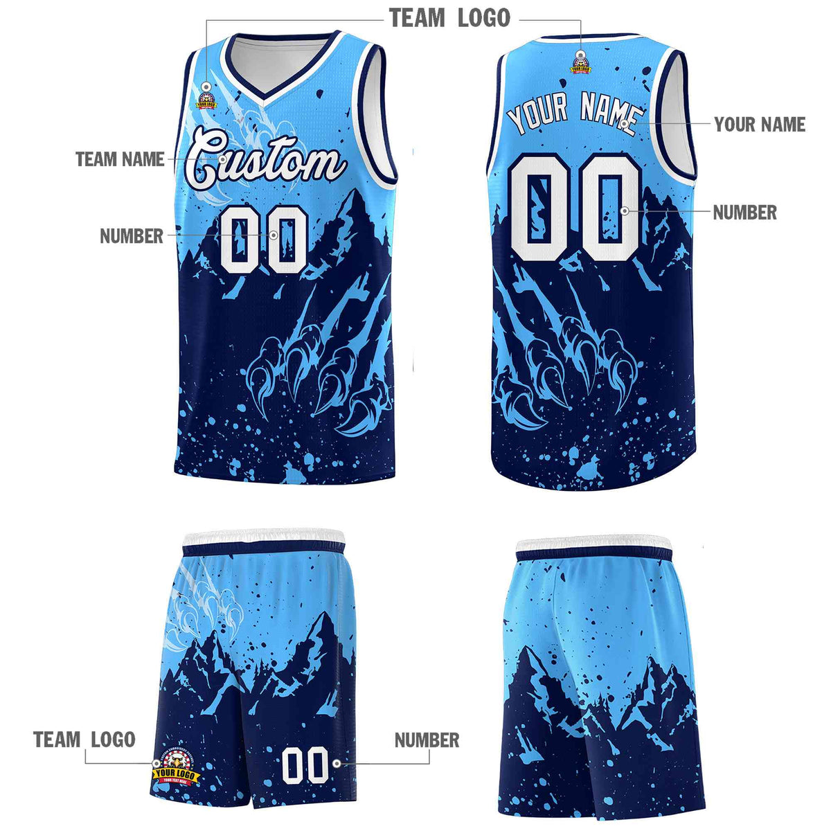 Custom Powder Blue Navy Snow Mountain Beast Pattern Sports Uniform Basketball Jersey