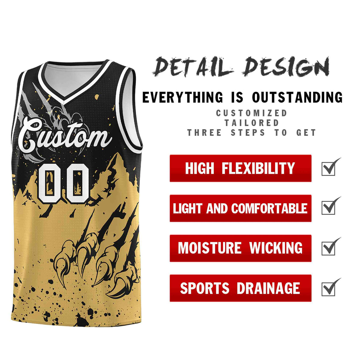 Custom Black Old Gold Snow Mountain Beast Pattern Sports Uniform Basketball Jersey| KXKSHOP