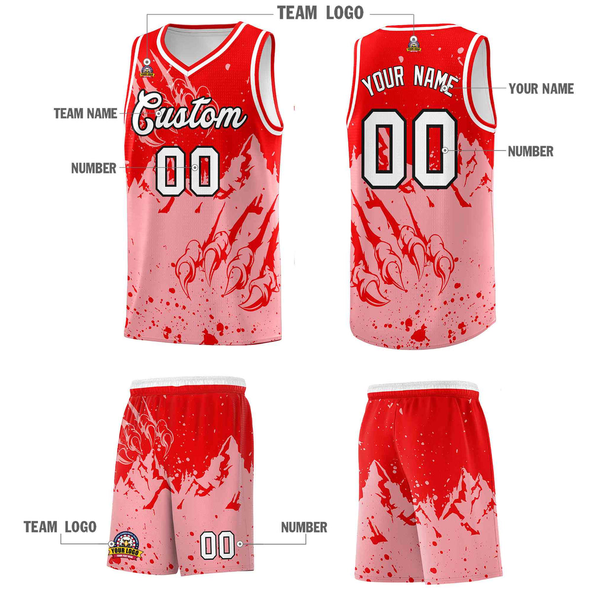 Custom Light Red Light Pink Snow Mountain Beast Pattern Sports Uniform Basketball Jersey
